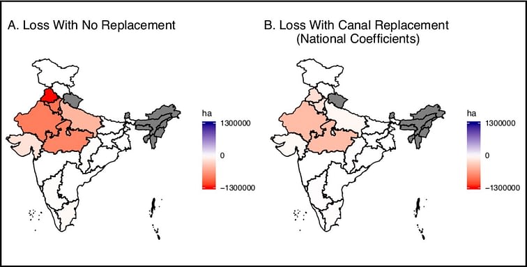 Maps showing state-by-state Indian winter cropped area loss estimates due to groundwater depletion in coming decades, with and without replacement by canals. Darker shades of pink and red indicate greater projected losses. The map on the left (A) shows projected winter cropped acreage losses if all critically depleted groundwater is lost, with no replacement. The map on the right (B) shows projected winter cropped acreage losses if groundwater irrigation is replaced with canals, using national-level regression coefficients. (Graph: Jain et al. in Science Advances 2021)